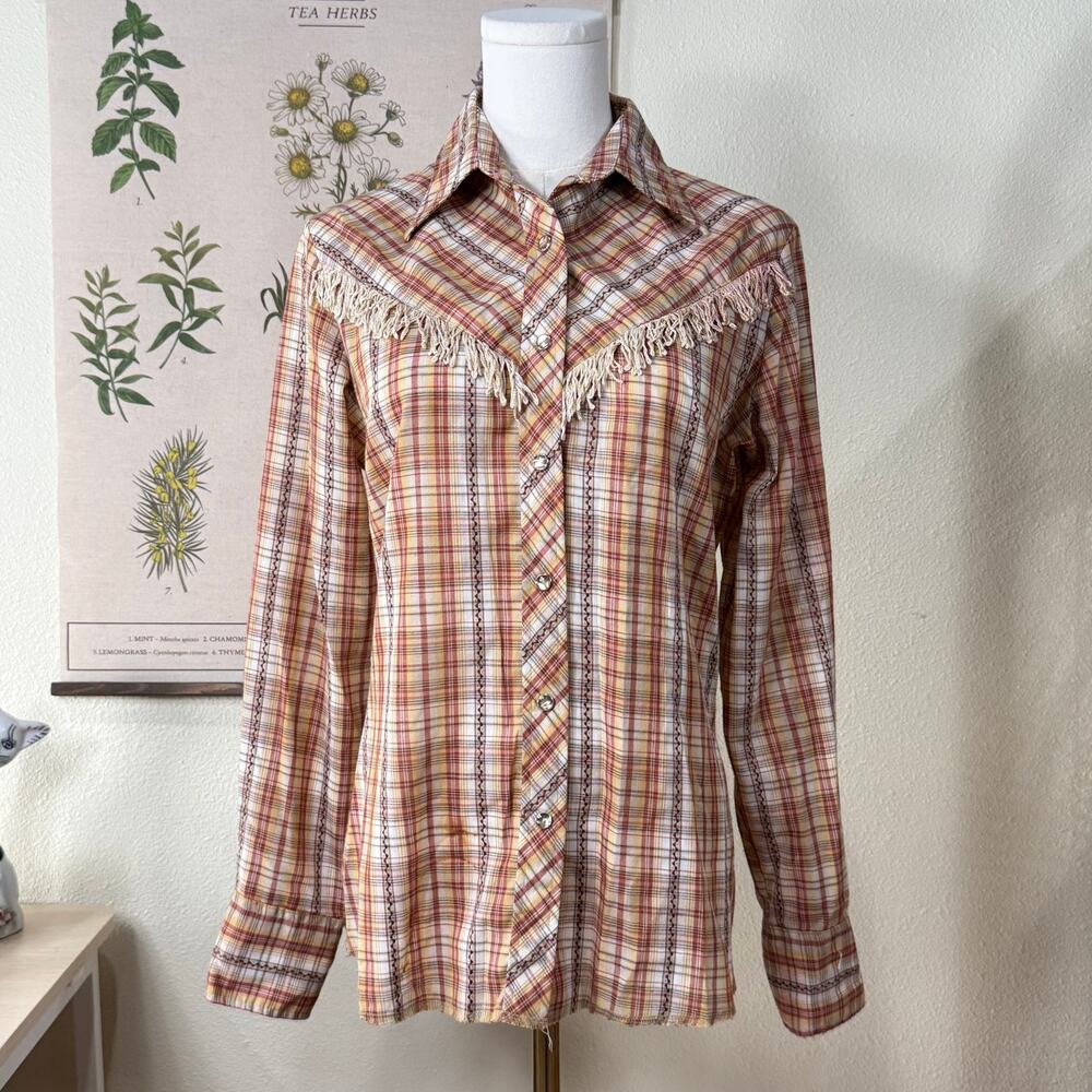 Vintage Wrangler Plaid Pearl Snap Fringe Western Shirt Coastal Cowgirl Rodeo S